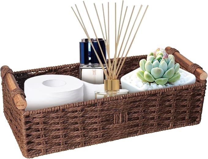 Round Paper Rope Storage Basket Wicker for Organizing with Handle, Decorative Bins Countertop Toilet Paper for Tank Top Small Set, Brown by STOBSK