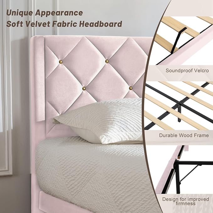 Full Bed Frame with Headboard, Bed Frame Full Size with Sturdy Wooden Slats Support, Platform Frame with Velvet Upholstered Headboard, Mattress Foundation, Easy Assembly, No Box Spring Needed Pink