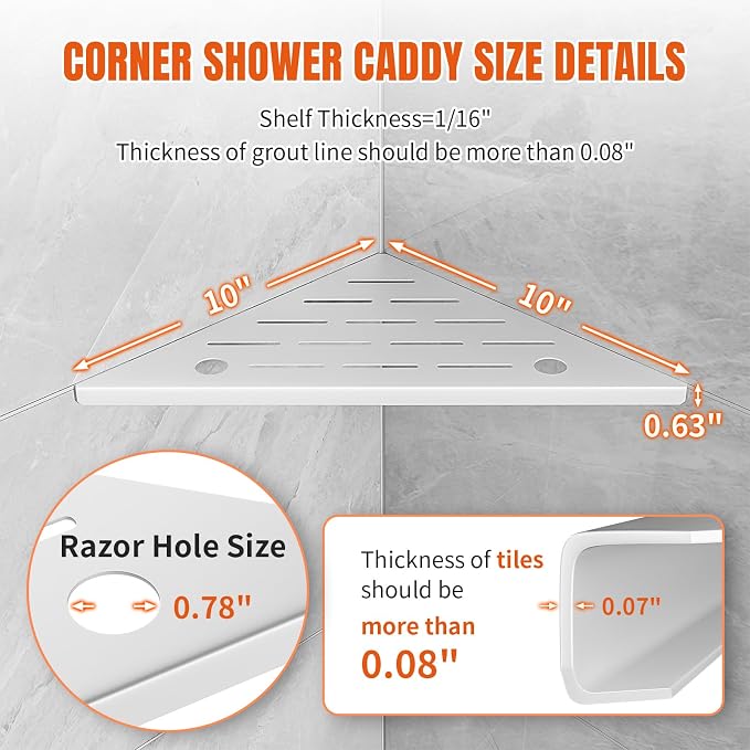 Corner Shower Shelf with Razor Hole, Rustproof Stainless Steel Shower Organizer, No Drilling Tile Shower Shelves, Modern Bathroom Shelf for Tile Wall, Grout in Shelf for Bathroom 2-Pack, 10" - Image 2