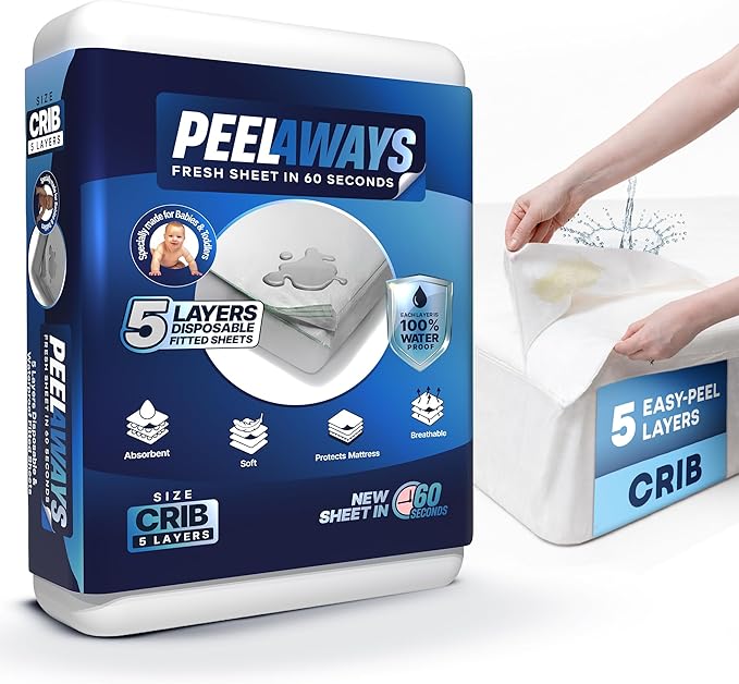 PEELAWAYS Crib-A-Peel Disposable Waterproof Crib Sheets - Super Absorbent Bedwetting Pads for Infants, Potty-Training, Spills, and More - 5 Layer 28" x 52" x 6"
