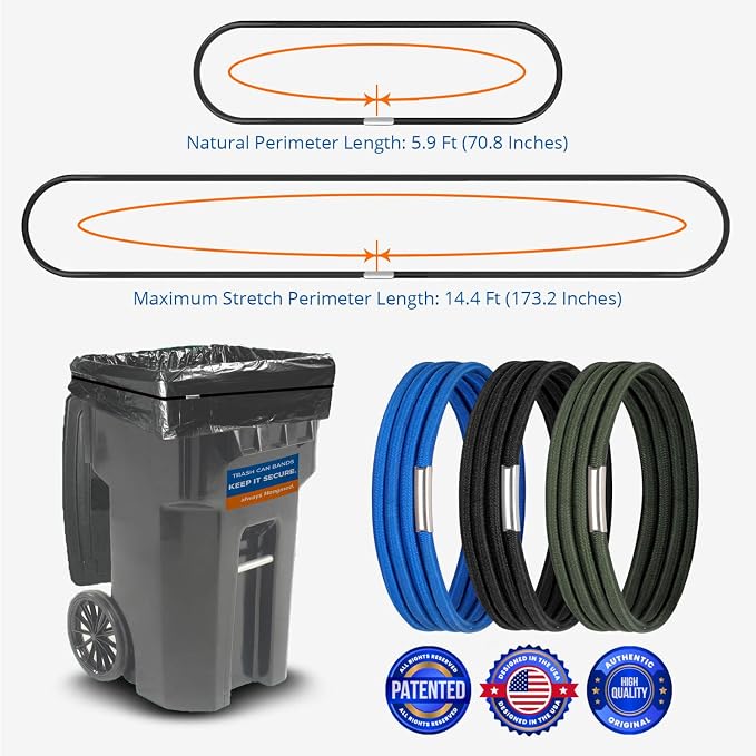 Trash Can Bands Set of 3, Fits 55, 65, 96 Gallon Trash Cans, Extra Large Rubber Bands for Big Garbage Can Bag, Durable Kitchen Trash Bag Bands, Heavy Duty Moving Bands in Black Blue, and Olive Green - Image 2