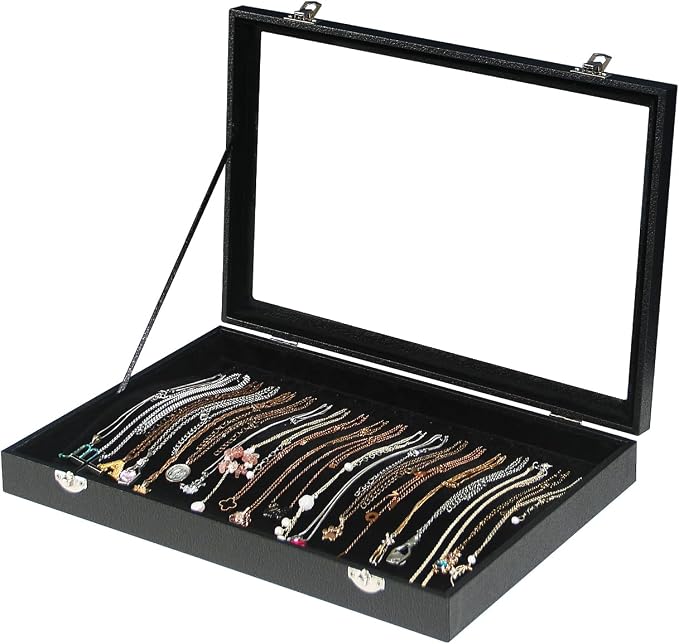 Coward 20 Hooks Necklace Organizer Jewelry Box, Dustproof Necklace Display Holder Case, Black Velvet Necklace Display Tray Case with Transparent Glass Lid for Home Use or Store Selling Show by FocusOnJewelryDisplay15yrs