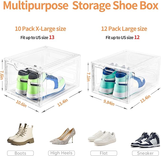 10 Pack Large Shoe Boxes Clear Plastic Stackable,Shoe Storage Organizer with Lids,Shoe Rack for Closet,Shoe Organizer and Shoe Containers for Sneaker Storage, Shoe Display Case Fit up to US Size 13 - Image 3