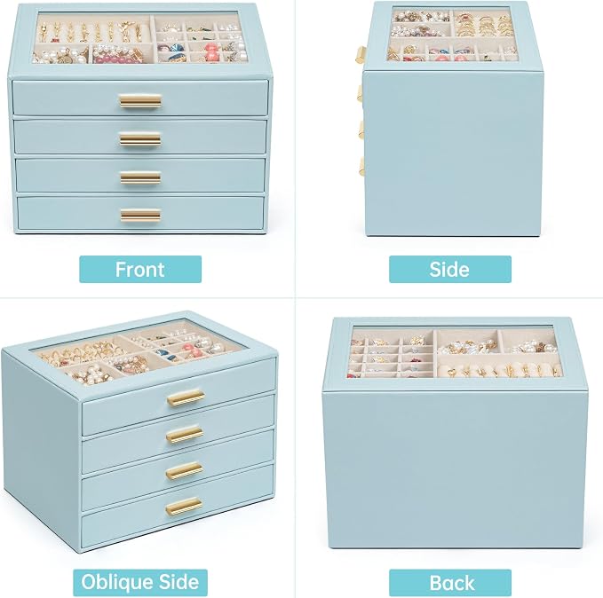 AKOZLIN Jewelry Box with Clear Lid Functional Leather Jewelry Storage Organizer Case 4 Drawers for Women Girls Necklace Ring Bracelet Earring BlueGrey - Image 5