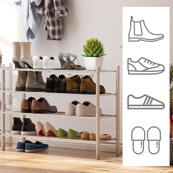 viewcare White 4-Tier Long Shoe Rack, Bamboo Wood, 33-Inch - Image 6