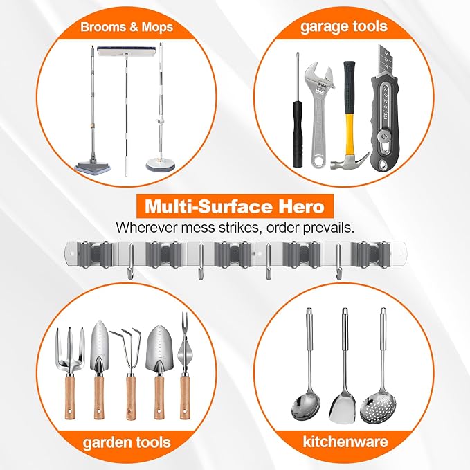 Broom Holder Wall Mount, Mop and Broom Organizer Broom Hanger Storage Tool Utility Racks Stainless Steel Wall Hooks Solid Mop Rack for Home Kitchen Garden Laundry Garage (5 Racks 4 Hooks) - Image 2