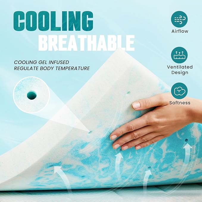 Mattress Toppers Memory Foam Cooling Gel Infused for Enhanced Comfort, CertiPUR-US Certified Breathable Bed Topper Pad with Support for Sleeper Sofa Couch RV Camper, 2 Inch
