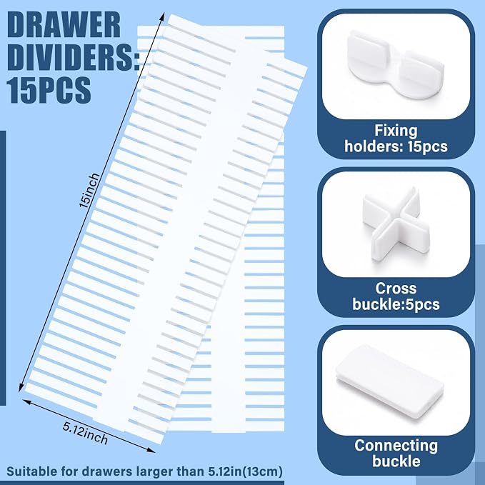 Blosssound 15 Pcs 5.12 Tall Drawer Divider Adjustable Drawer Organizer DIY Ultra Deep Storage Organizer Separator with Fixed Buckle for Underwear Socks Dormitory Office Kitchen Bedroom(White) - Image 2