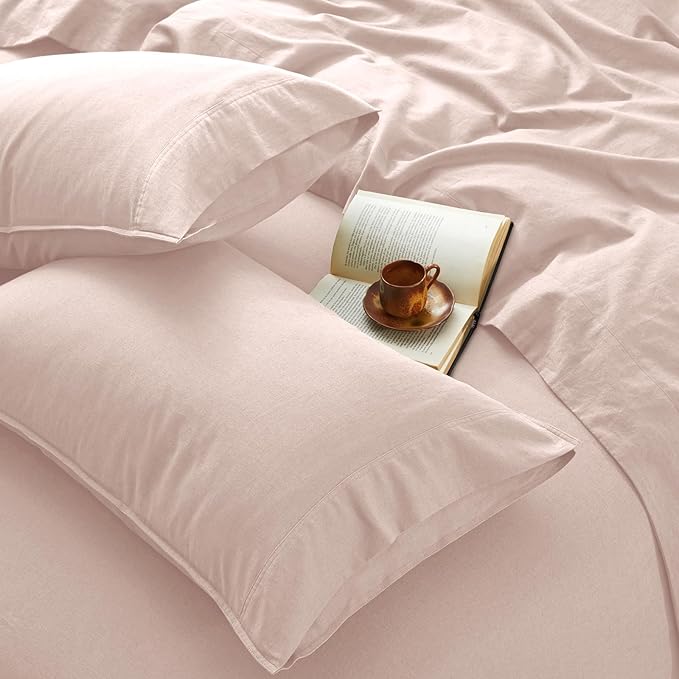 4Pcs Linen Sheets Full Size, 100% French Linen from Normandy, Breathable Pink Full Sheet Set with 16 Inch Deep Pocket, 1 Flat Sheet, 1 Fitted Sheet, 2 Pillowcases