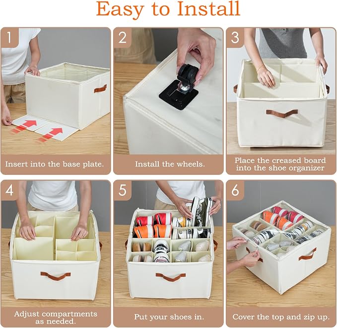 Shoe Organizer for Closet, 2 Pack Shoe Storage Organizer with Wheels and Adjustable Dividers, Stackable Shoe Storage Box with Clear Cover, Foldable Closet Shoe Organizer Fits up to 16-32 Pairs, Beige - Image 8
