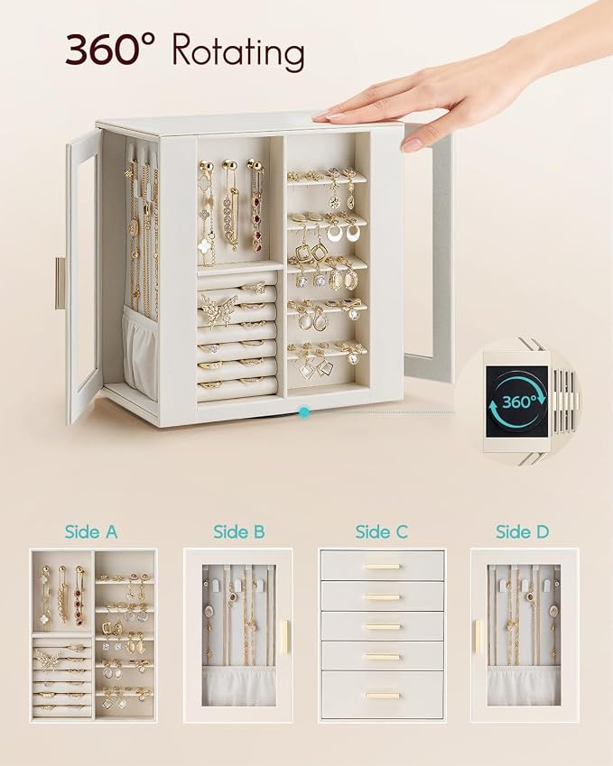 VLANDO 360ｰ Rotating Jewelry Box with 5 Drawers, Mothers Day Mom Gifts, Large Jewelry Storage with 2 Glass Window, PU Leather Jewelry Organizer for Bracelets, Necklaces, Earrings, Rings - Cloud White - Image 4