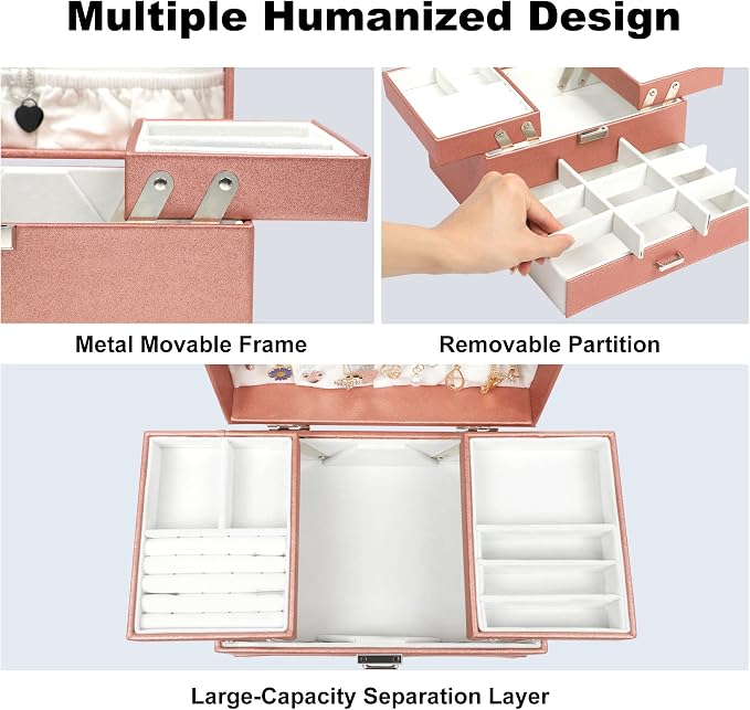 Dajasan Jewelry Organizer Box, Large Jewelry Boxes for Women Girls, Space-Saving 3 Layers Jewelry Storage Case with Drawer, Movable Metal Stand, Modern, Gift Idea (Champagne) - Image 3