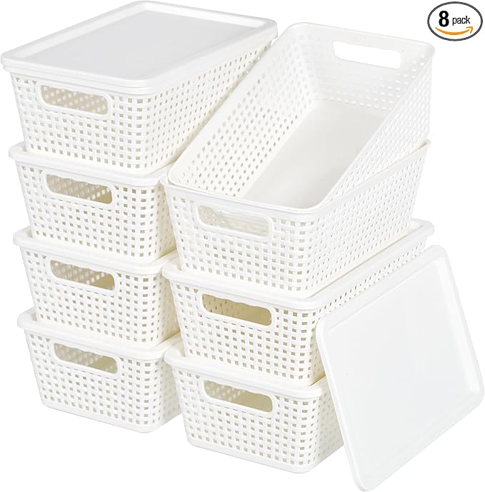 Plastic Storage Baskets With Lid, Storage Bins for Organizing, Stackable Decorative Containers for Shelves Drawers Desktop Closet Playroom Classroom Office, 8 Pack-White by Unknown