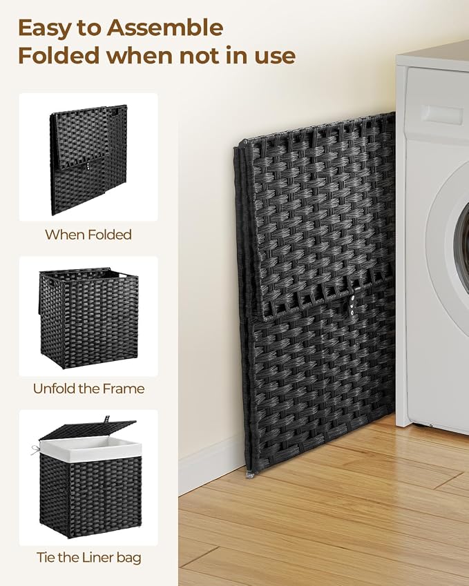 Greenstell Laundry Hamper with Lid, 125L Laundry Basket with 2 Removable Liner Bags & 2 Mesh Bags, Handwoven Synthetic Rattan Clothes Hamper for Clothes, Toys in Bathroom, Bedroom, Foldable, Black - Image 7