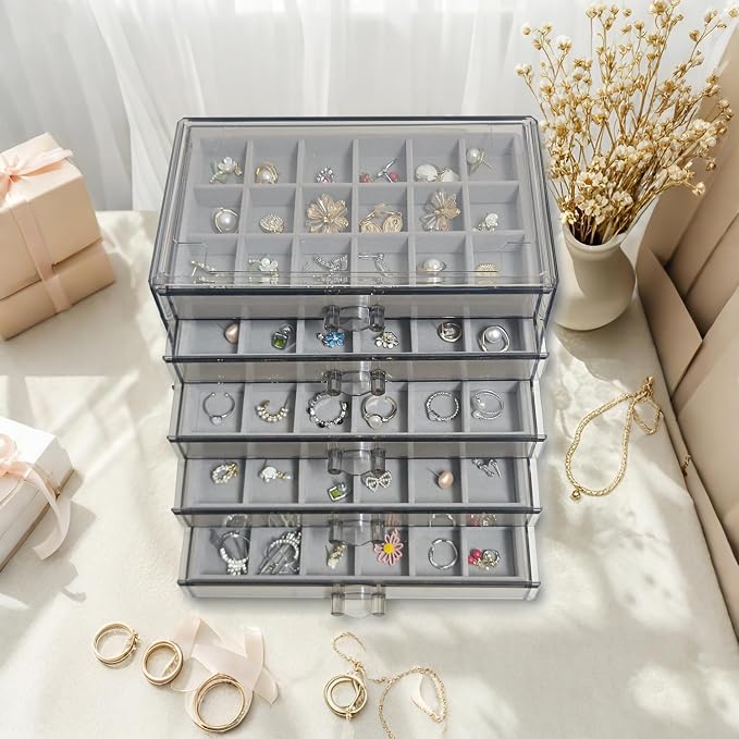 Acrylic Earring Holder Organizer with 5 Drawers Clear Earring Organizer Box with 90 Adjustable Grids Velvet Earring Display Case Jewelry Organizer for Earrings Rings Studs (Brown Gray) - Image 5