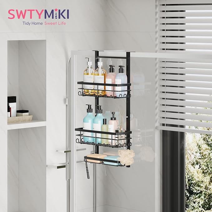 SWTYMIKI Over The Door Shower Caddy - 3 Tier Rustproof Hanging Shower Organizer with Adjustable Shelves, 28 Hooks & Soap Holder, Hanging Shower Rack Storage for Bathroom Accessories, Black - Image 6