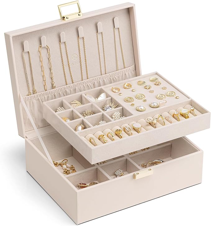 VLANDO 2 Layer Jewelry Box Large Jewelry Organizer for Women Removable Jewelery Tray for Necklace Earrings Rings Bracelets Mothers Gifts for Mom Wife (Light Pink) by VLANDO