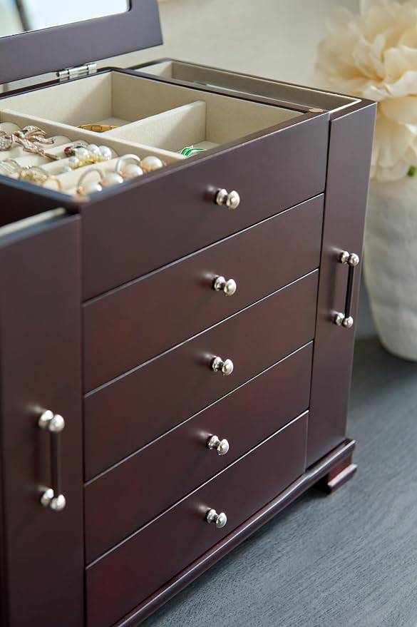 Brown 5 Layer Jewelry Box for Women,Top With Mirror Wooden Jewelry Organizer,With 8 Hook And Velvet Lining Large Jewelry Storage,For Watch Necklace Ring Earring Storage Gifts - Image 6