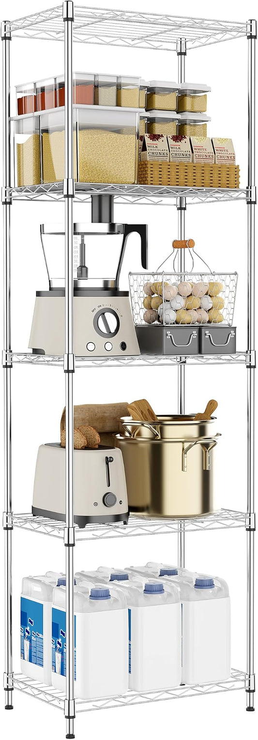 M MZG 5 Tiers Shelf Metal Storage Shelves Wire Rack Closet Organizers with Wheel for Garage Kitchen Bathroom Laundry Chrome 11.8" D x 17.7" W x 55" H by MEIGAOPLASTICANDMETALHKCOLIMITED