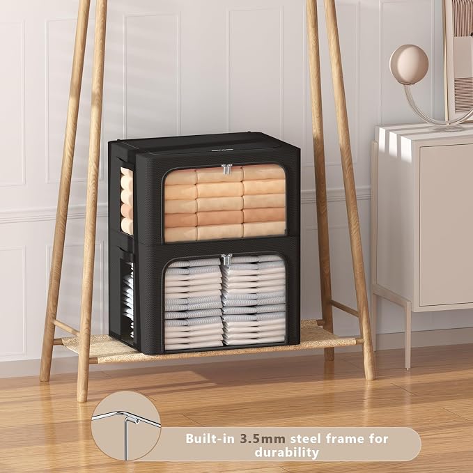 CYhom 3Pack Frame Storage Box - Clothes Storage Bin Bags Oxford Fabric Foldable Stackable Container Organizer Set with Clear Window & Carry Handles (Black, Large-66L) - Image 9