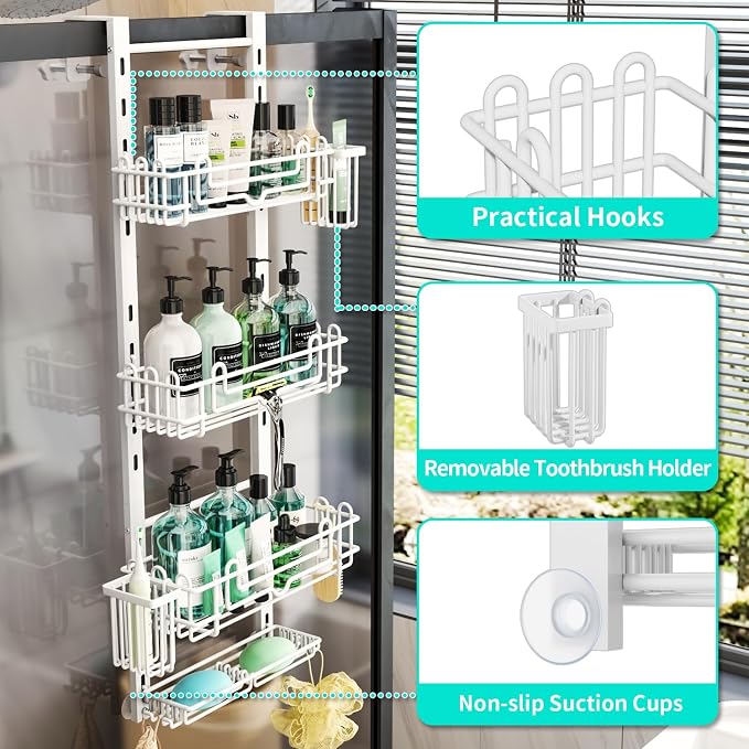 HapiRm 4 Tier Over the Door Shower Caddy, Hanging Shower Caddy with 22 Hooks and 2 Toothbrush Holders, No Drilling Adjustable Hanging Bathroom Organizer - White - Image 4