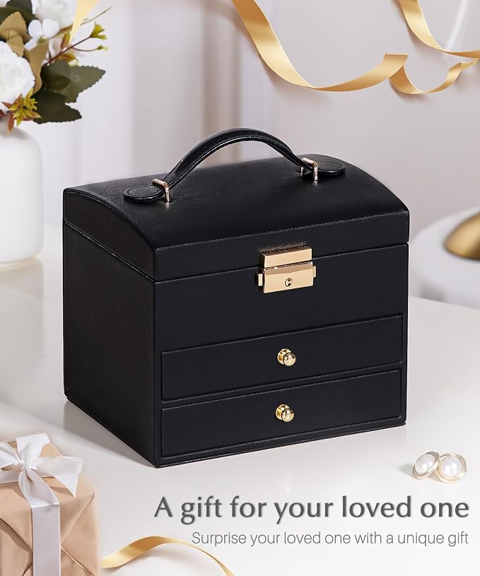 Homde Mothers Day Gifts Small Girls Jewelry Box with Lock: 3 Layer Organizer with Removable Tray - Storage for Ring Necklace Earring - Birthday & Return Gifts for Young Women (Graphite Black) - Image 3