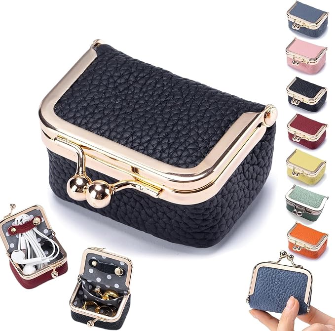 Leather Mini Jewelry Box, Portable Vintage Leather Coin Purse Jewelry Box with kiss Lock, Mini Travel Ring Box for Earrings/Rings/Necklaces/Bracelets by Unknown