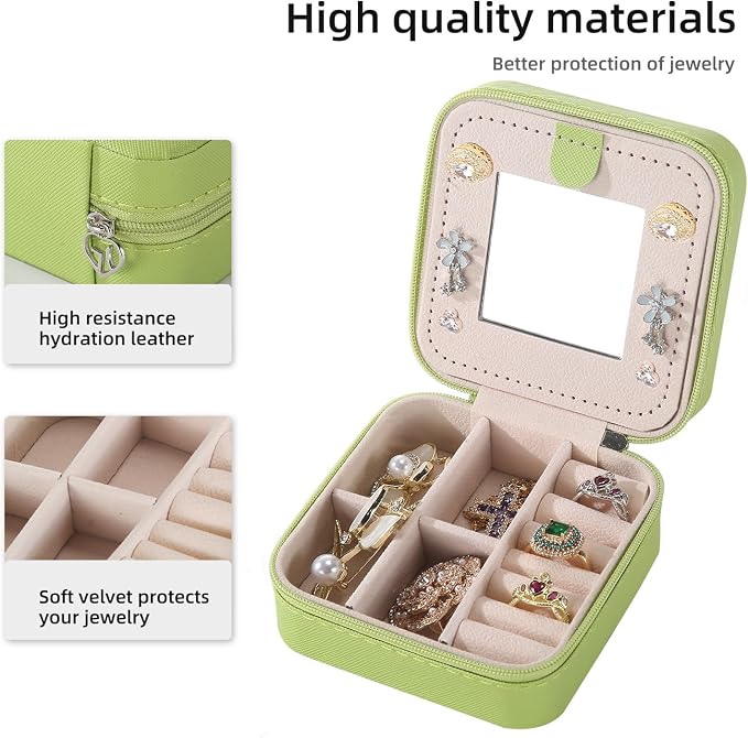KElofoN Travel jewelry case Travel jewelry box Travel Jewelry Organizer Small Jewelry Organizer Box Gift for Girls Women with Mirror(Grass green) - Image 3