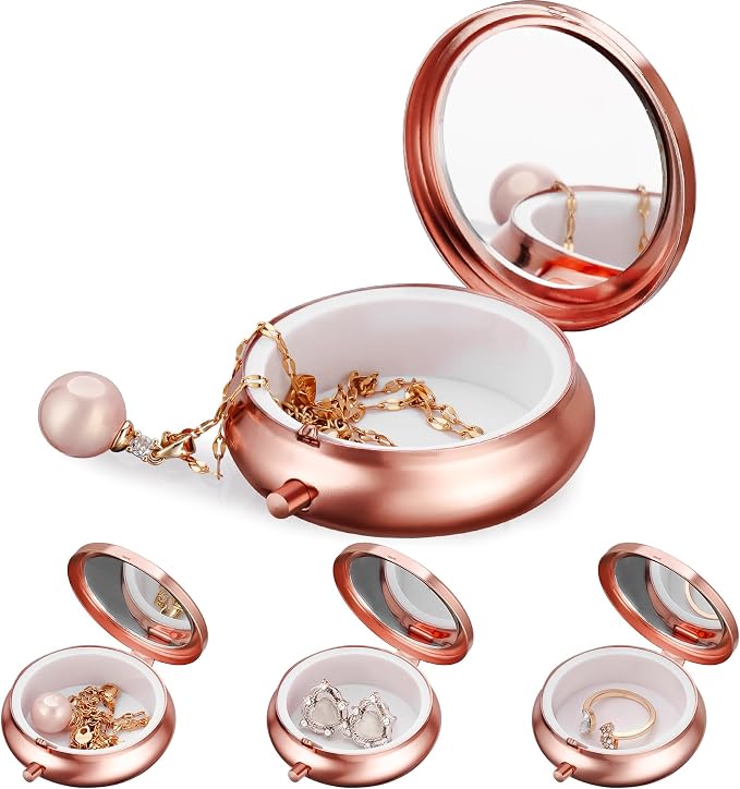 Mini Travel Jewelry Box with Built-In Mirror, Ultra-Portable Jewelry Holder for Rings, Necklaces, Earrings, Pills, Tea Bags, Small Accessories, Press-to-Open Multifunctional Storage (Pink) by Aphlos