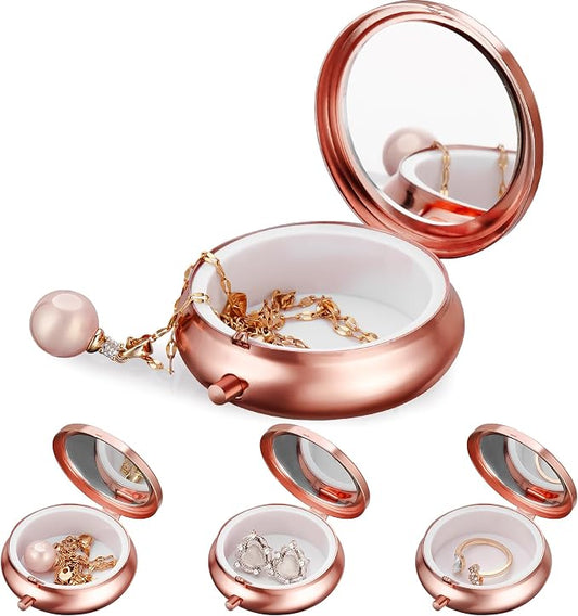 Mini Travel Jewelry Box with Built-In Mirror, Ultra-Portable Jewelry Holder for Rings, Necklaces, Earrings, Pills, Tea Bags, Small Accessories, Press-to-Open Multifunctional Storage (Pink) by Aphlos