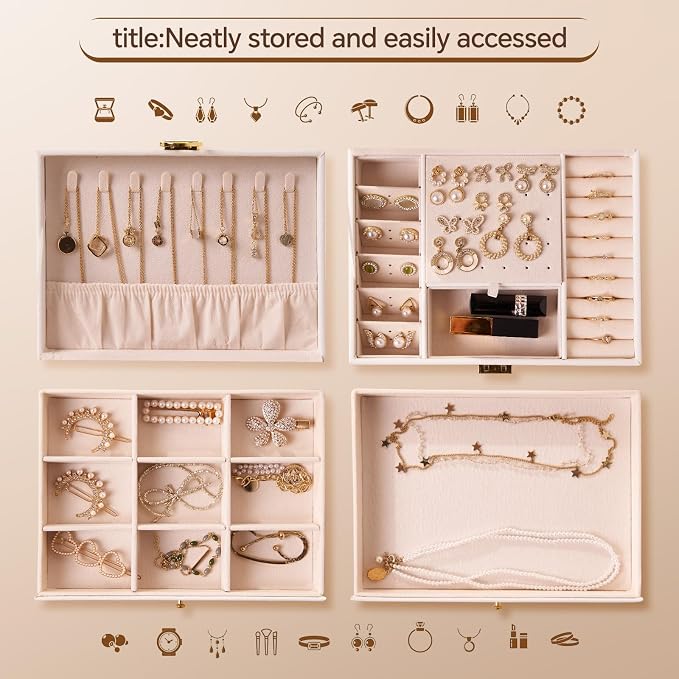 3 Layer Jewelry Box, Jewelry Holder Organizer with Jewelry Organizer Drawer, Large Jewelry Boxes & Organizer with Velvet Earring Organizer, Lockable Jewelry Holder, Unique Gifts for Women Mom (White) - Image 3