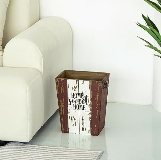 Small Wood Trash Can Wastebasket, Farmhouse Rectangular Garbage Can Waste Basket, Rustic Distressed Wooden Trash Recycling Bin with Metal Handles, Home Sweet Home Wood Storage Basket (Distressed) - Image 9