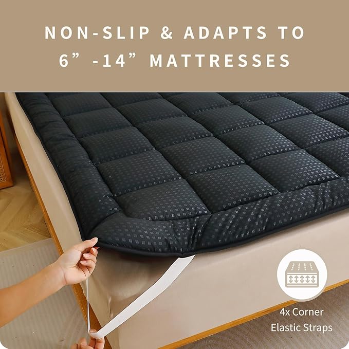 Quilted Fitted Mattress Pad, Elastic Fitted Mattress Topper Protector and Cover Stretches up to 14 Inches Deep, 4 Anchor Elastic Bands, Machine Washable (Black, Queen)