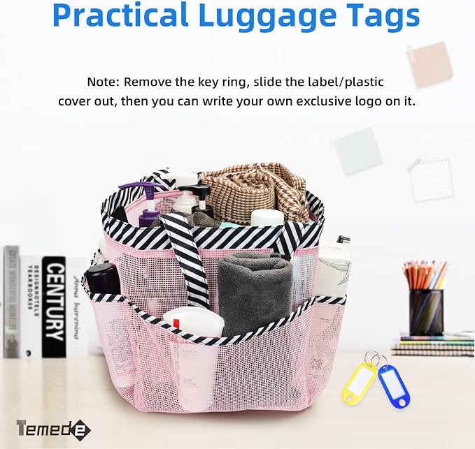 Temede Mesh Shower Caddy Tote, Large Shower Caddy Basket Portable, Quick Dry Hanging Toiletry Bag, 8 Storage Pocket Bath Organizer for College Dorm Room, Gym, Bathroom, Camp, Travel (Pink+Stripes) - Image 5