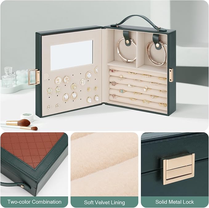 DesignSter Travel Jewelry Case for Woman, Portable Jewelry Travel Box with Mirror, PU Leather Small Jewelry Organizer with Handle for Rings Earrings Bracelets Necklaces(Dark Green & Brown) - Image 4