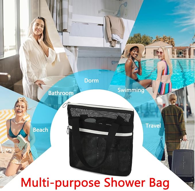 Fammart Mesh Shower Caddy Portable with Zipper & 2 Pockets - Quick Dry Shower Bag Toiletry Tote Hanging for Travel Gym Camp Beach - Organizer Bag Bathroom Essentials for College Dorm - Image 7