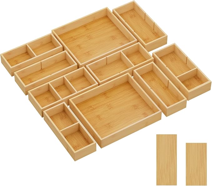 Lifewit Drawer Organizers 10 Pack(22 Grid) with 12 Inserts, Adjustable Bamboo Wooden Drawer Dividers, Stackable Storage Box for Utensils, Silverware, Makeup, Junk in Kitchen/Bathroom/Office/Vanity by Lifewit