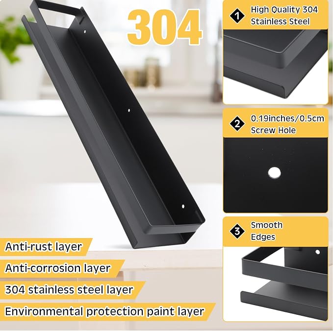 Lallisa 2 Pieces Stainless Steel Shelf Bathroom Shower Floating Shelves Wall Mounted Shower Caddy Basket Shelf Storage Organizer Shelves for Bathroom, Kitchen, Living Room(19.69 Inches/ 50 cm,Black) - Image 4