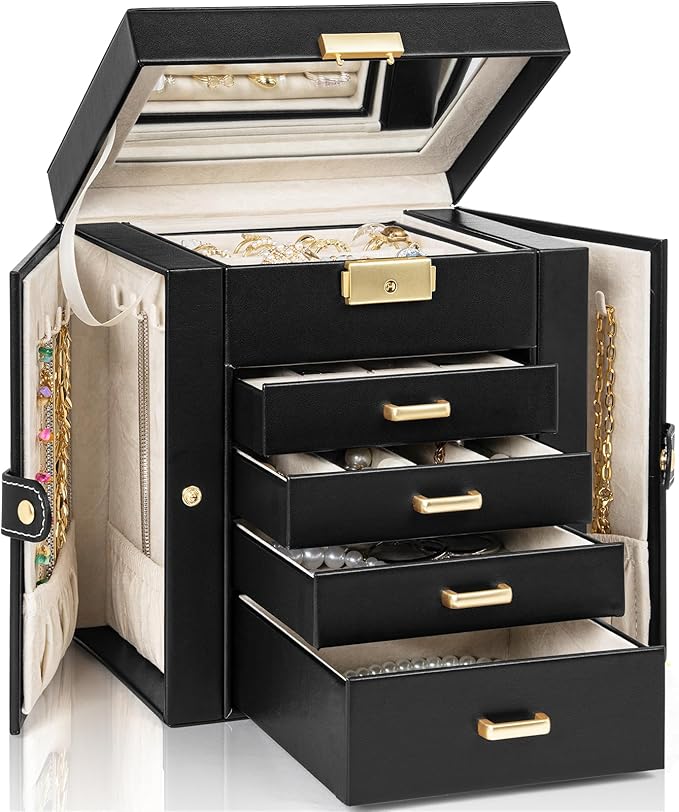 AKOZLIN 5-Tier Jewelry Box Leather Jewelry Storage Organizer with 4 Drawers Lockable for Women Girls Ring Necklace Earring Bracelet Watches Holder with Mirror Black by AKOZLIN