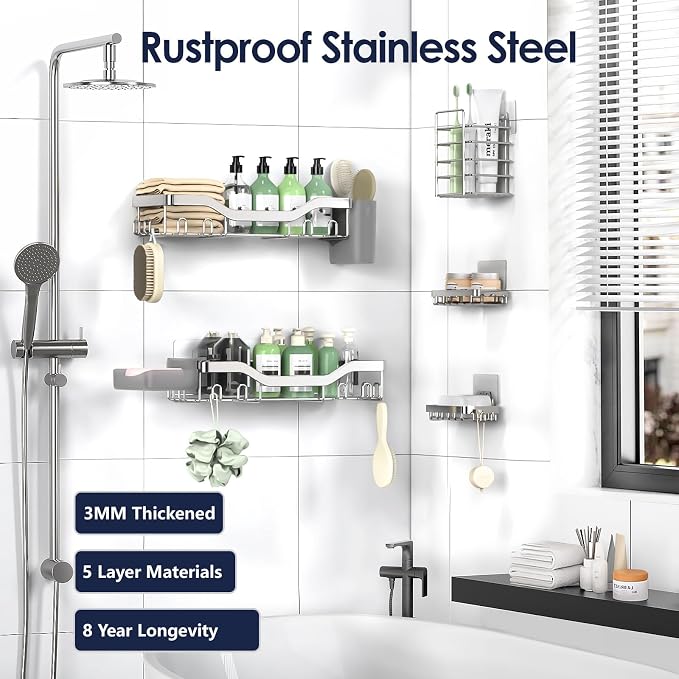 NESOMI Shower Caddy Adhesive Shower Organizer 7-Pack, Rustproof Stainless Steel Bathroom Shelves, Large Capacity No-Drill Rack Storage Accessories with Soap Dish Toothbrush Holder Hooks - Image 5