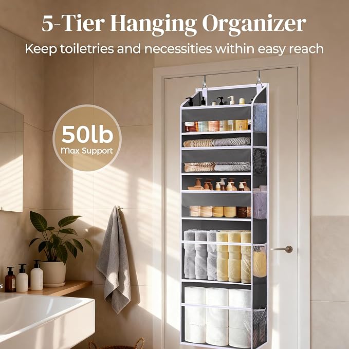 5 Tiers Over Door Organizer with 10 Mesh Side Pockets, 44 lbs Weight Capacity Hanging Storage Organizer with Clear Window Kids Toys, Shoes, Diapers, Dark Gray - Image 4
