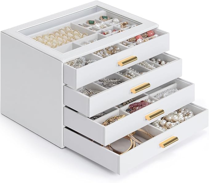 AKOZLIN Jewelry Box with Clear Lid Functional Leather Jewelry Storage Organizer Case 4 Drawers for Women Girls Necklace Ring Bracelet Earring - Image 2