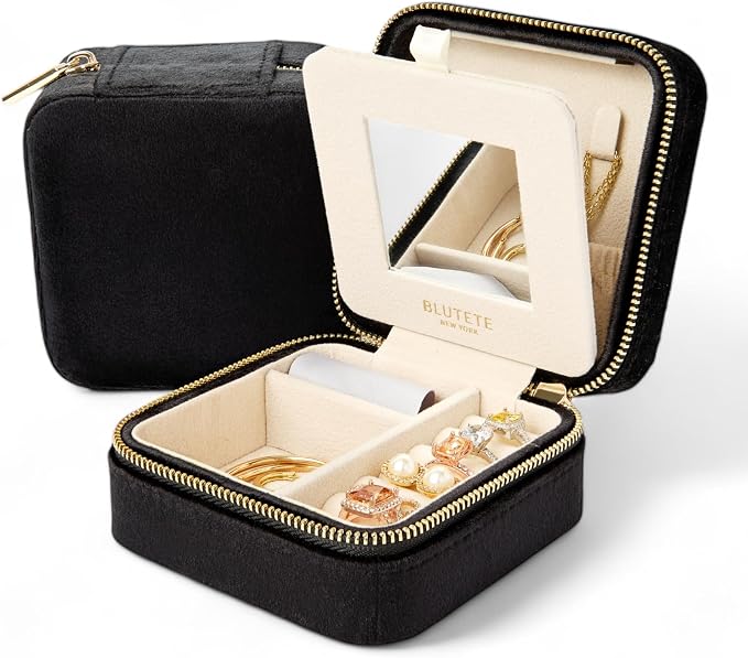 BLUTETE Travel Jewelry Box Organizer Velvet Travel Case With Mirror Rings Earrings Necklaces Storage Organizer Box (Black) by BLUTETE