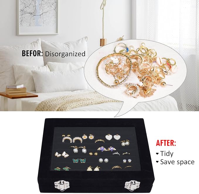 Vicoter Rings Organizer Tray 7 Slots Velvet Jewelry Earring Storage Box with Transparent lid Jewelry Display Case for Girls Wife Mom Women (Black) - Image 5