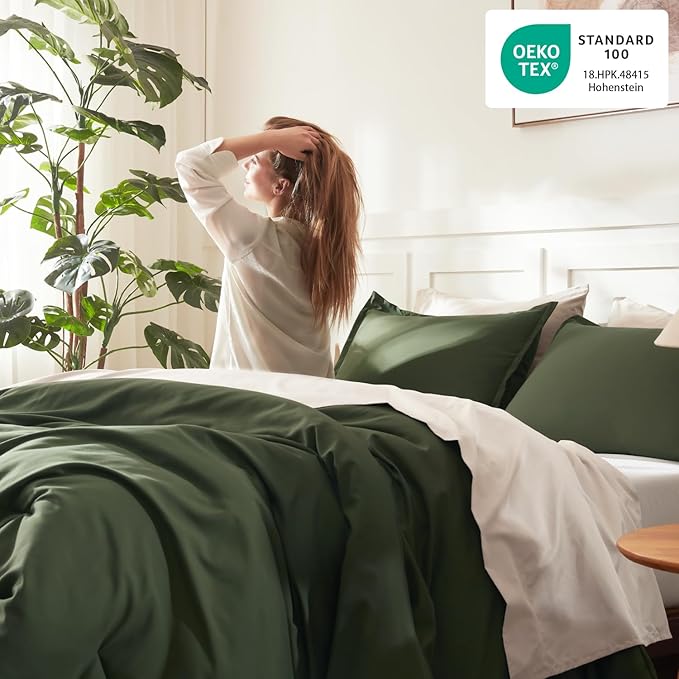 Litanika Dark Olive Green Comforter Set Queen, 3 Pieces Solid Bedding Comforter Set, All Season Fluffy Bed Set (90x90In Comforter & 2 Pillowcases)