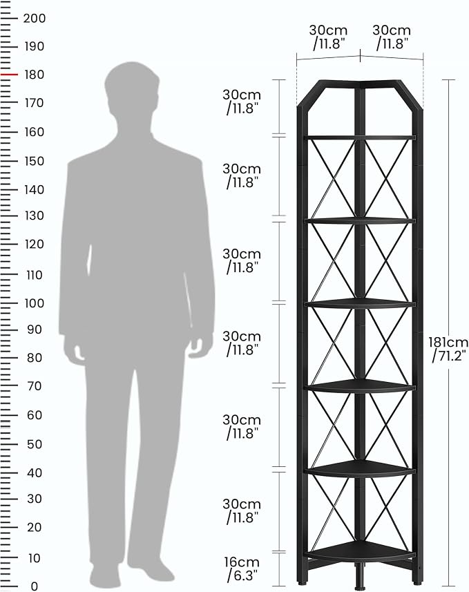 CHOEZON 6-Tier Corner Shelf, Industrial Corner Bookshelf, 71.2" Display Storage Stand, Plant Stand Display Shelf, Tall Bookcase for Bedroom, Living Room, Home Office, Black TCJ11BB - Image 2