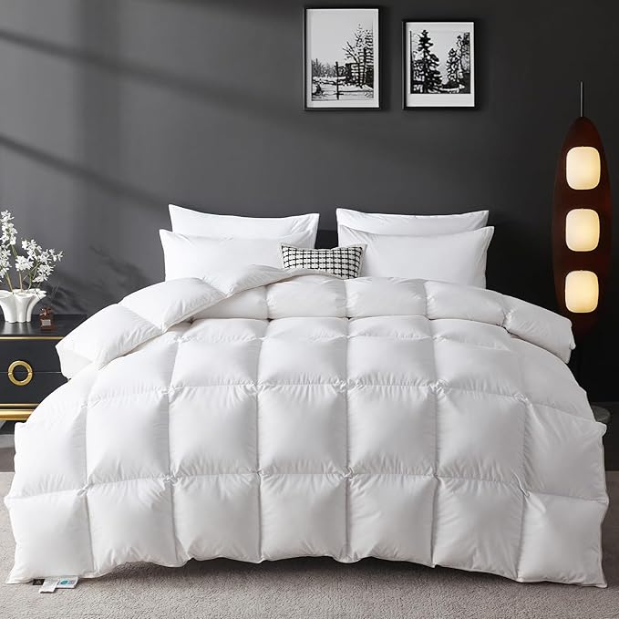 L LOVSOUL Organic 75% Down Fiber Comforter Alaska King Size,850+FP,1200TC,Extra Fluffy,Hotel Style,Luxury Ultra Soft All Season White Duvet Insert with 8 Corner Tabs