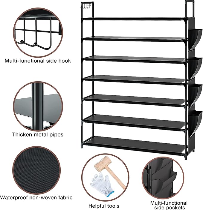 OYREL Large Capacity 7 Tier Shoe Rack, Black, 33.3in Wide x 11.2in Deep x 48.7in Tall, Holds 28-35 Pairs of Shoes, Ultra-Minimalist Style, Waterproof and Durable - Image 7