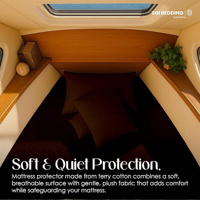 SGI Bedding Waterproof After V Berth Mattress Protector 90" Head x 60" Length x 75" Foot – 15" Deep Pocket, 360° Fitted Style Mattress Pad Cover, Soft Noiseless & Breathable Cover for Boat – Chocolate