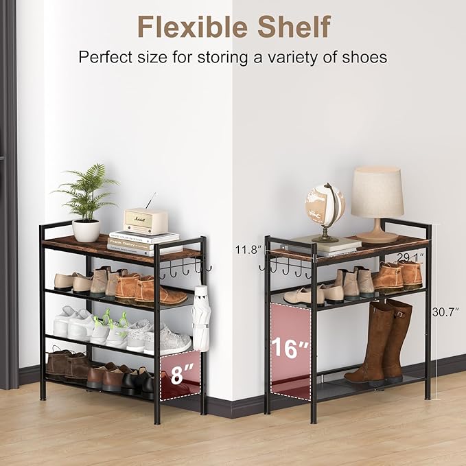 Refrze Shoe Rack for Front Door Entrance, 4 Tier Height-Adjustable Metal Shoe Rack, Sturdy Wooden Top and Tiltable Steel Frame Heavy Duty Shoe Organizer for Bathroom,Bedroom,Kitchen，Include Hook - Image 2